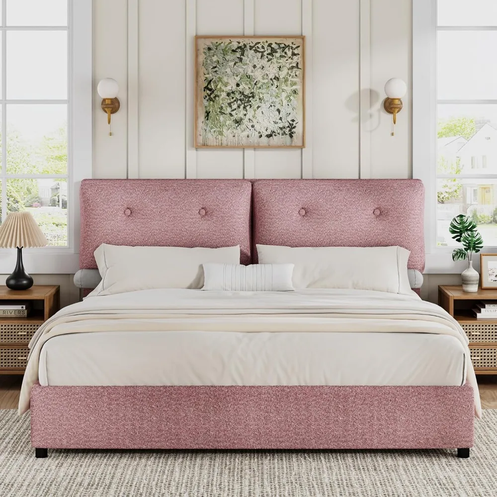 King Size Bed Frame, Upholstered Boucle Platform Bed with Headboard, Cloud Bed Frames with Soft Headboard, Wooden Slats Support,