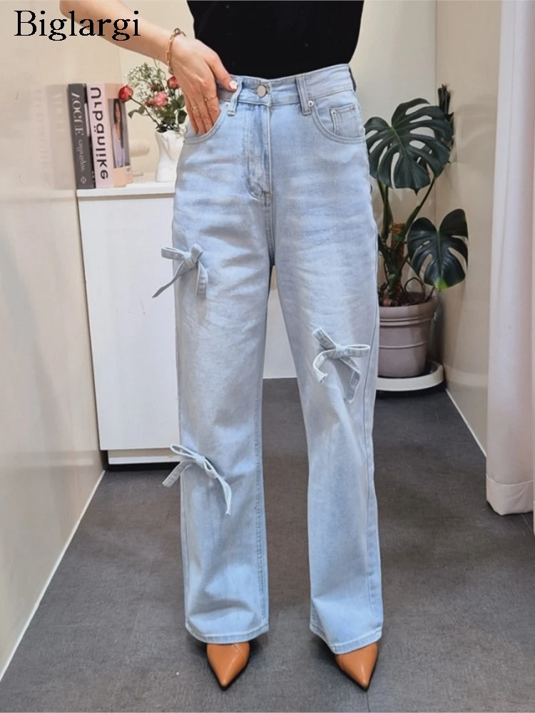 

Jeans Spring Autumn Long Pant Women Bow Fashion Korean Style Loose Pleated Ladies Trousers High Waist Woman Wide Leg Pants