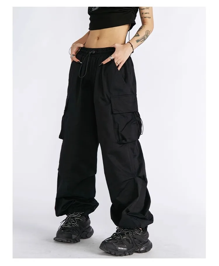 1 Stück Damen-Cargohose | Amerikanischer High-Street-Streetwear-Stil | Kordelzug, hohe Taille, lockere Passform, gerades Bein, weites Bein – Detail 10