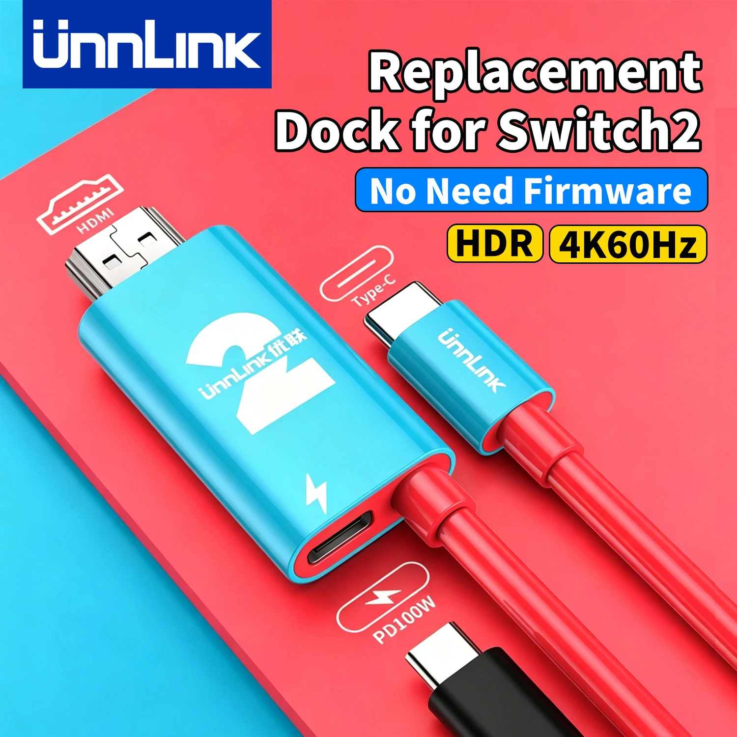  Unnlink 4K 60Hz Video Cable for Switch 2 Screen Mirroring Cable 2K 120Hz USB C to HDMI + PD 100W Projection Dock