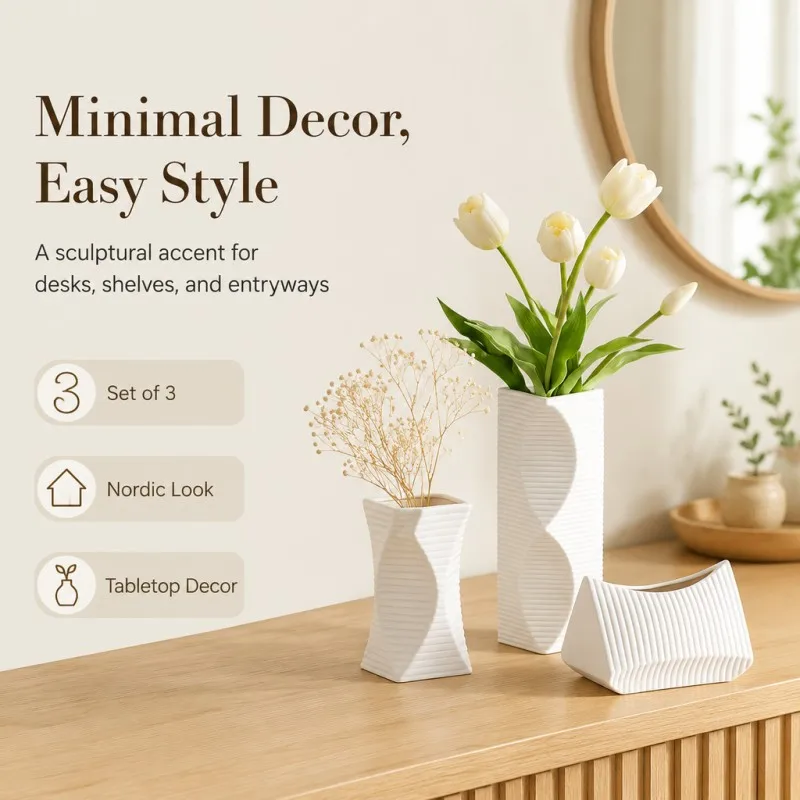 3Pcs S-Curve Horizontal Ridged Vase Trio PLA 3D Printed Matte White Vase Minimalist Nordic Decor For Tabletop, Entryway, Dried F