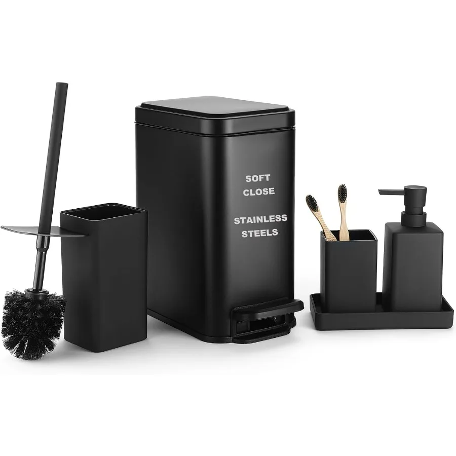 

Набор аксессуаров для ванной из 5 предметов матового черного цвета с металлическим мусорным баком с плавным закрыванием, дозатором для мыла, держателем для зубных щеток и подставкой для туалетных принадлежностей