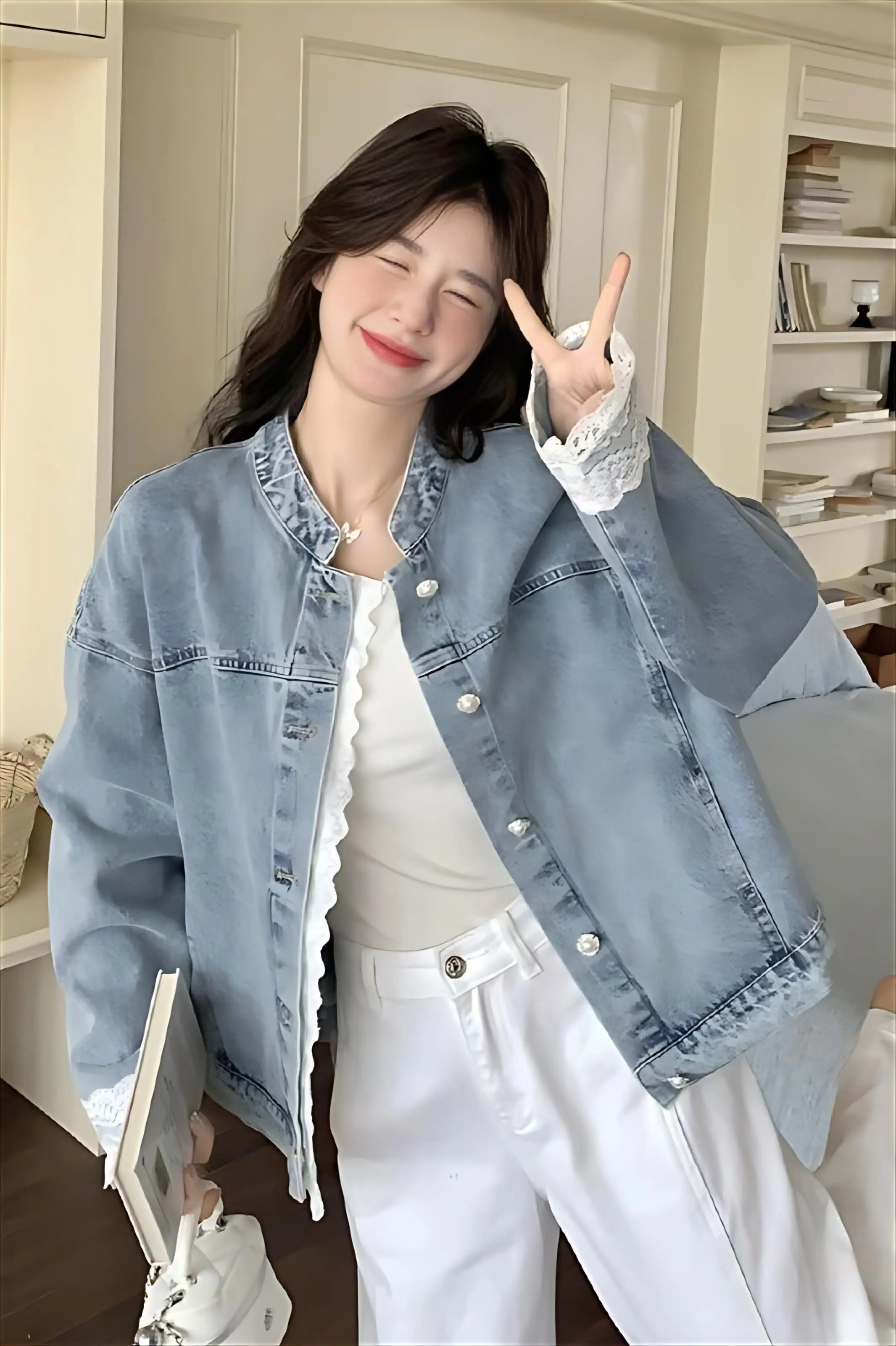 

Denim Coat Brown Color Womens Autumn Woolen Cozy Notched Patchwork Buttoned Leisure Slim-Fit Appliques Temperament Fitted Jacket