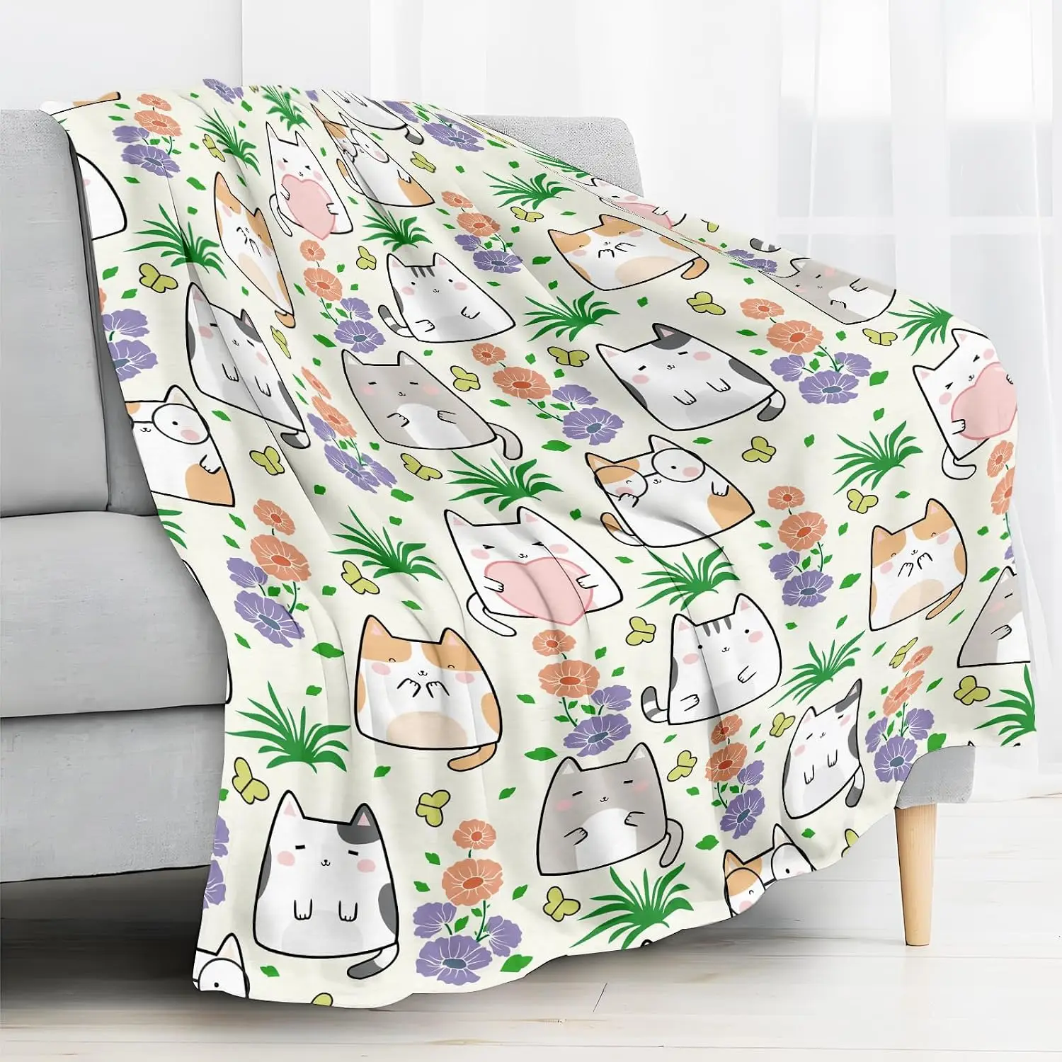 Cartoon Cute Cats Colorful Flowers Butterfly Repeat Print Flannel Throw Blanket Soft Warm Lovely Kids Sofa Bedroom Animal Home