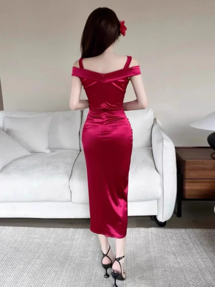 Topenomi-vestido de noche de satén con hombros descubiertos para mujer, traje Sexy francés de cintura alta, ajustado, con abertura, largo, para fiesta de boda y cóctel