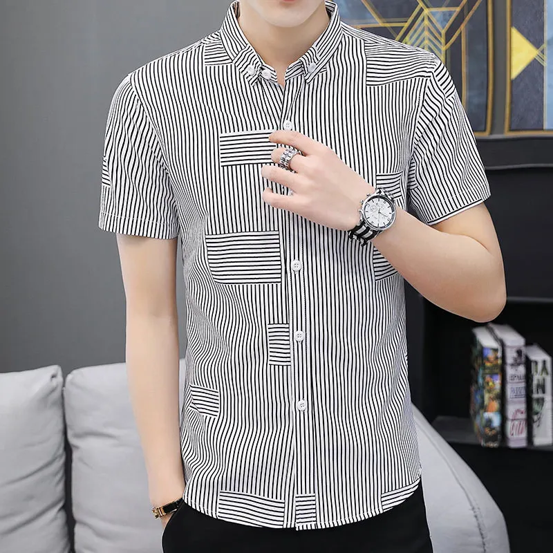 

Мужская рубашка Slim Fit с коротким рукавом, в вертикальную полоску, деловая повседневная, не требующая глажки, модная новая модель, дышащая, легкая