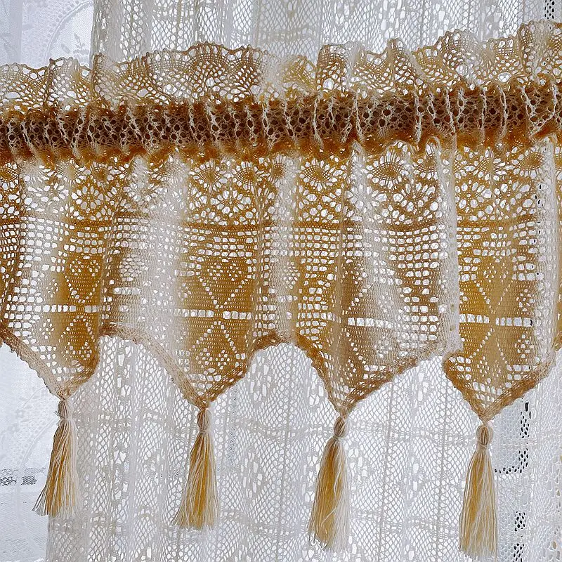 1Pc Pastoral Style Cotton Crocheted Short Curtains Lace With Tassel Cafe Curtain Decorative Valance For Living Room Kitchen