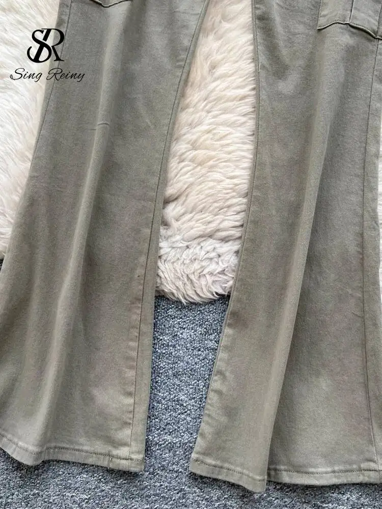 トレンドのホットガールカーゴパンツ、女性用秋物ハイウエストストリートウェアジーンズ、ポケットジッパー付き、ヴィンテージ風ロングパンツ