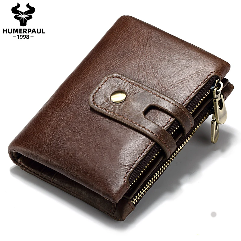 HUMERPAUL Retro Wallet for Men RFID Genuine Leather Hasp Zipper Card Holder Coin Purse Short Bifold Men Women Portomonee