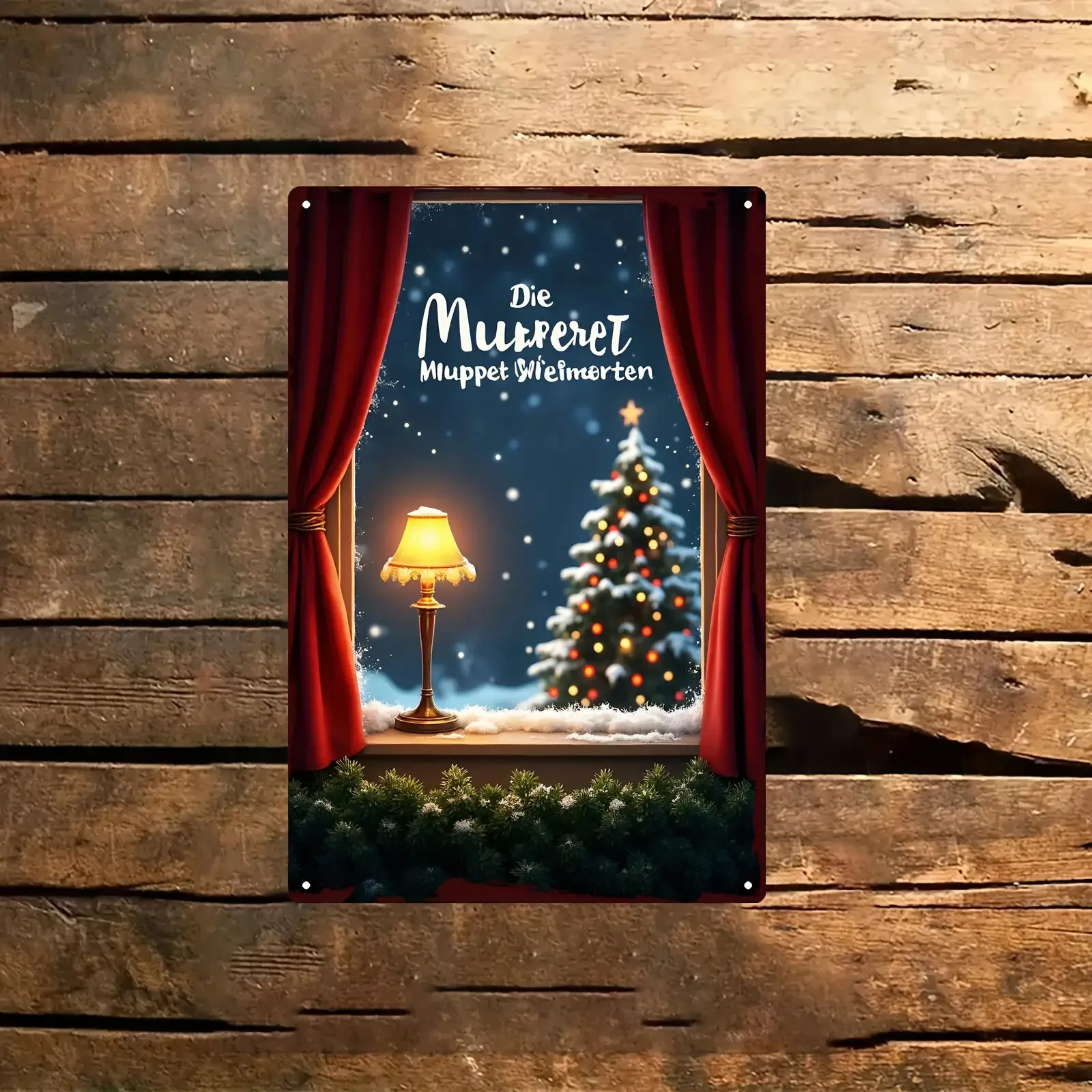 2D plano, [JIT]2D plano [JIT] 1 pieza de letrero de hierro metálico, pintura de estaño de escena de ventana de invierno, arte de pared de árbol de Navidad con luz de copo de nieve, Vi