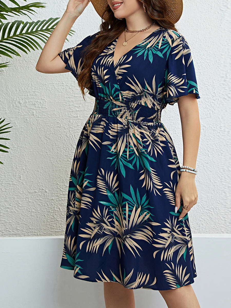 Women s Floral Print Short Sleeve V-Neck Ruffle Hem Plus Size Summer Dress with Smocked Waist for Beach Party or Casual Outings