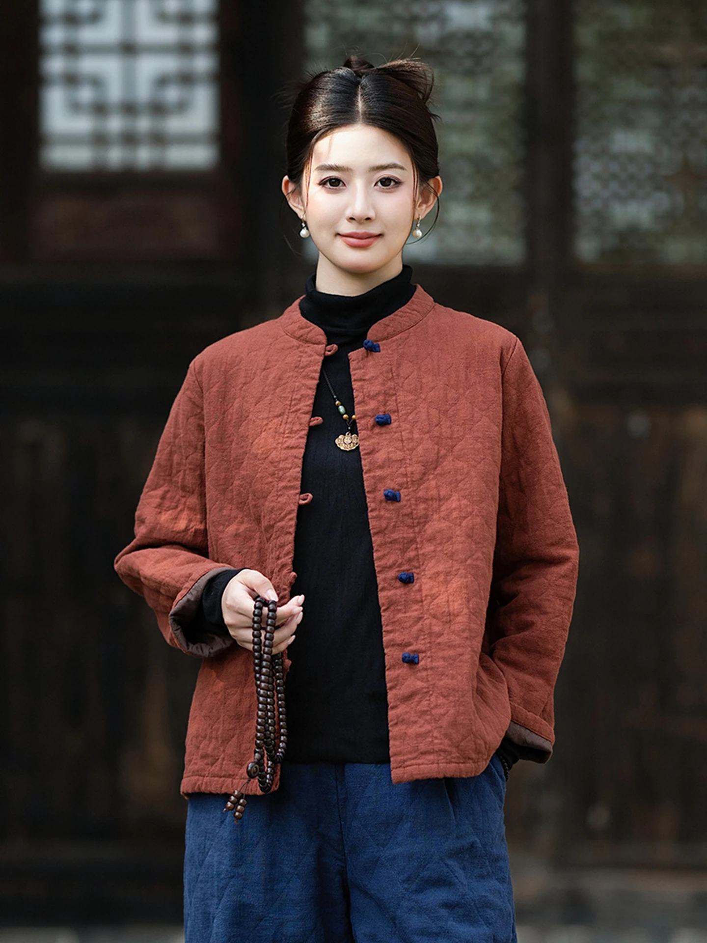 Retro Style Women's Cotton Linen Jacket Quilted Coat Stand Collar Button up Thickened Winter Outerwear Casual Fashion