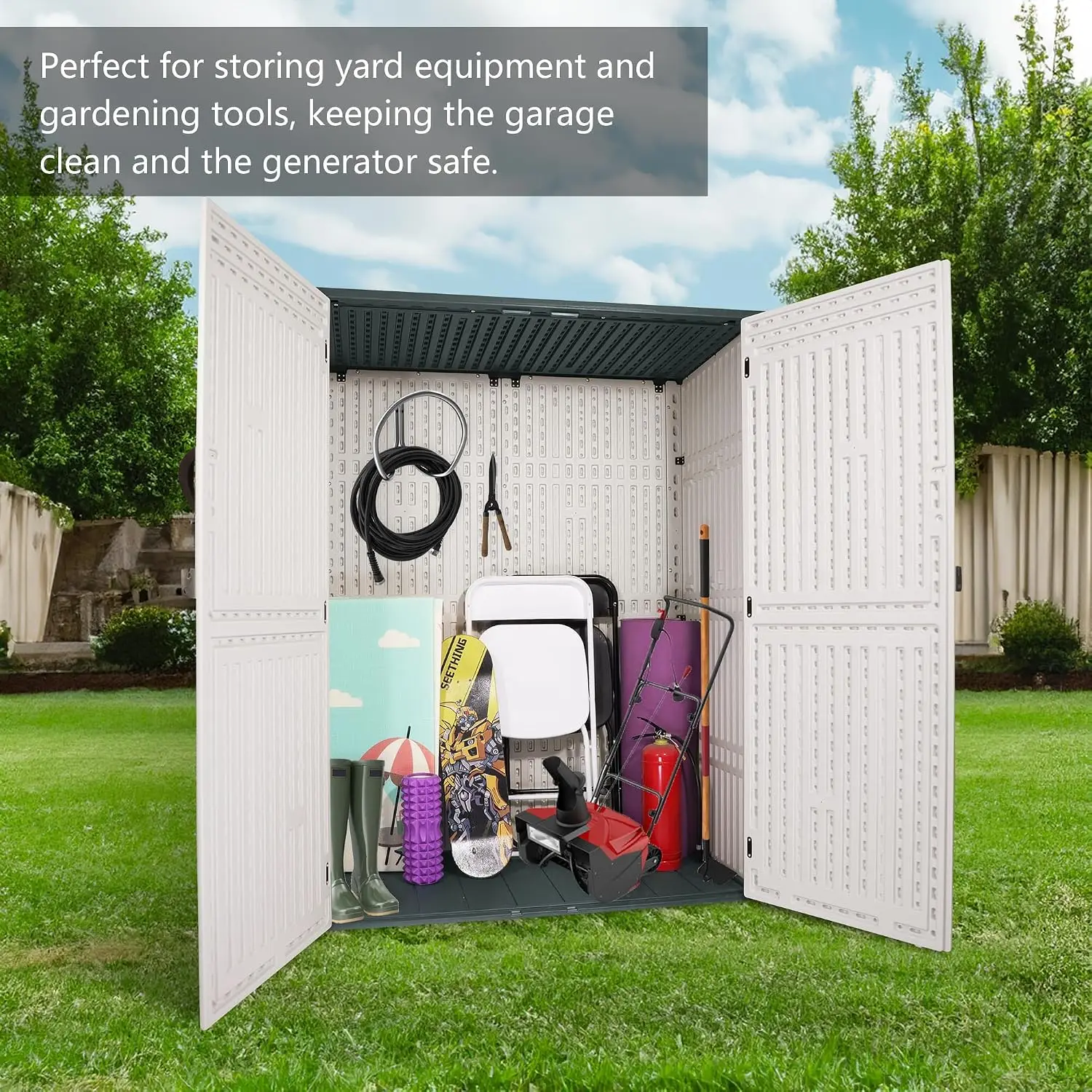 Outdoor Storage Cabinet 52 Cu ft Resin Weatherproof Lockable Vertical Shed for Patio Garden Yard Tools Pool Supplies, Customized