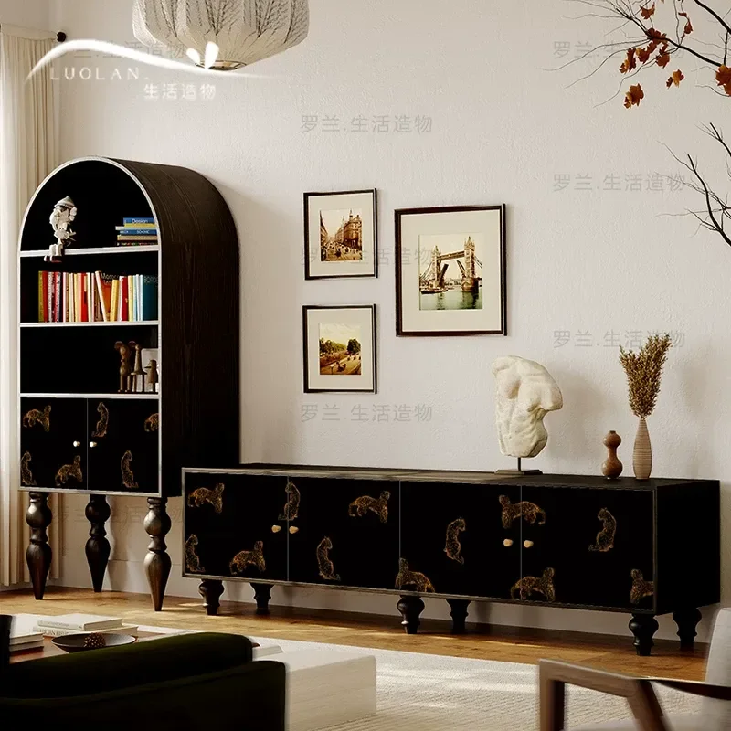 Medieval Style Leopard Print TV Cabinet Solid Wood Integrated Floor Unit Living Room Decorative Storage Bookcase