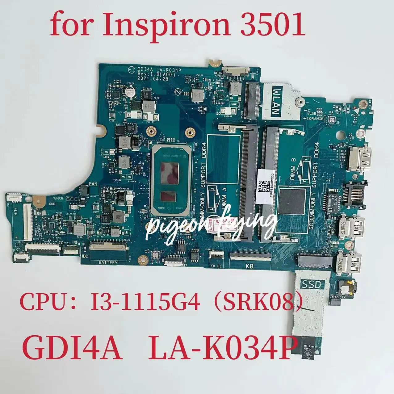 CN-0FTXD9 0FTXD9 FTXD9 Mainboard LA-K034P For Dell Inspiron 3501 Laptop Motherboard CPU Intel I3-1115G4 SRK08 100% Test OK