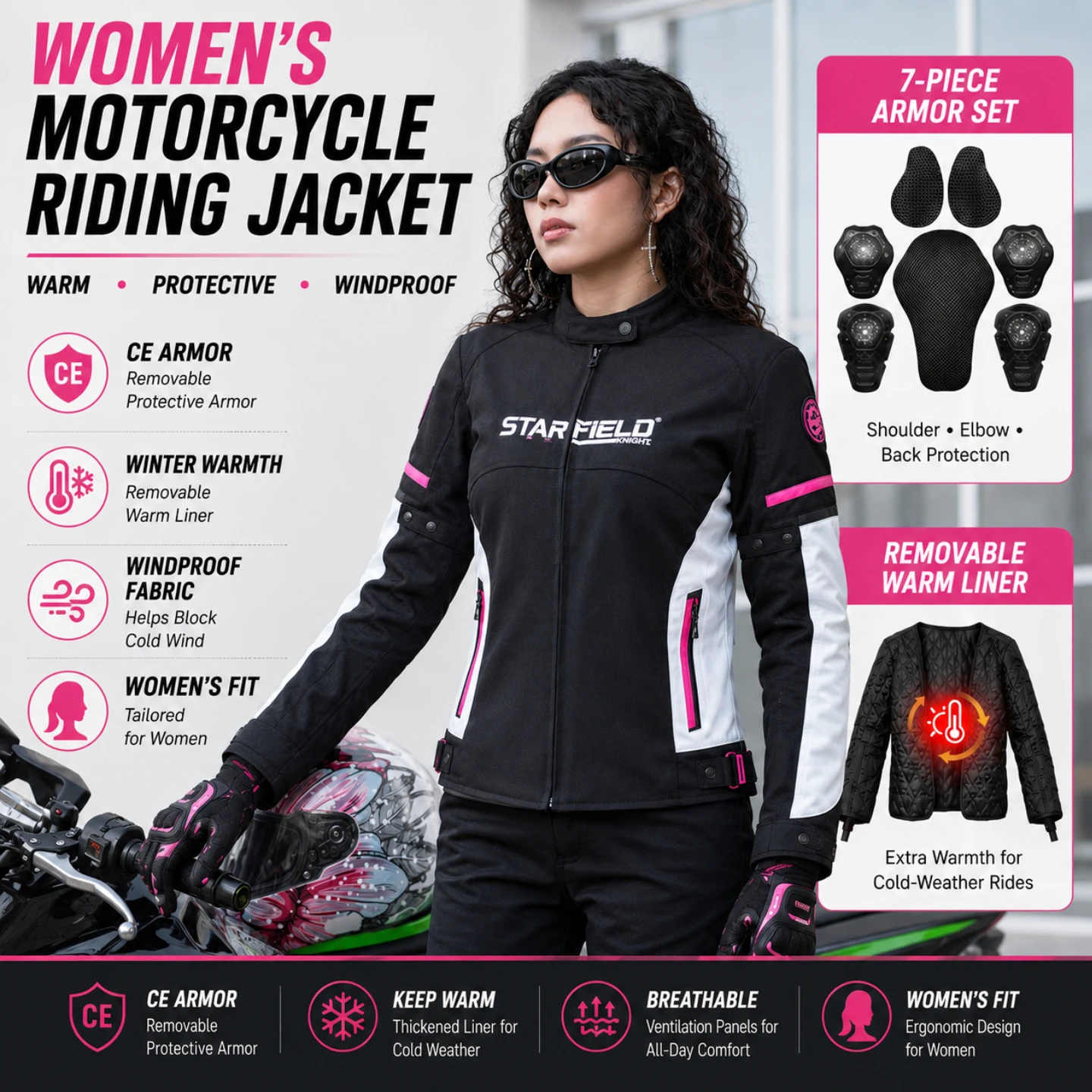 Motorcycle Gear For Winter - 女性用バイクライディングジャケット CEアーマー 冬用防風防寒プロテクター付き モトジャケット 取り外し可能なライナー ツーリングギア