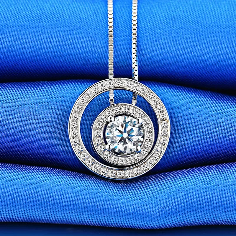 

Solid 14K White Gold AU585 Platinum PT950 Pendant Necklace Double Loop One Carat Fashion Trend Jewelry Necklace