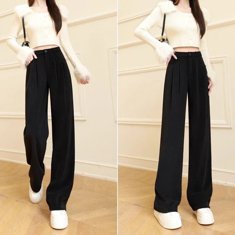 

Hot Sale Female Classic Work Daily Straight Leg Trousers Girls Solid High Waist Pants Lady Korean Fashion Casual Pants