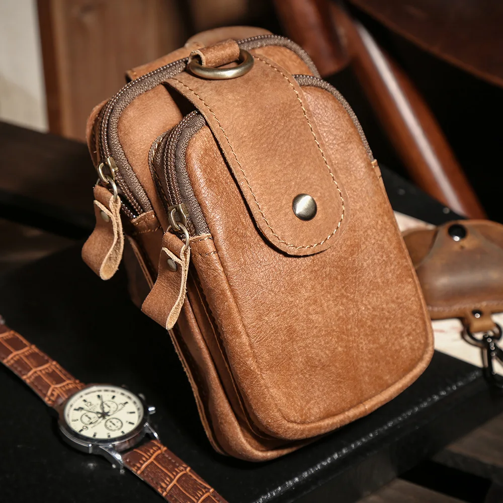 

Genuine Leather Belt Phone Holster Vintage Cowhide Fanny Pack Durable Multi-pocket Waist Pouch for Men Outdoor Hiking Daily Use