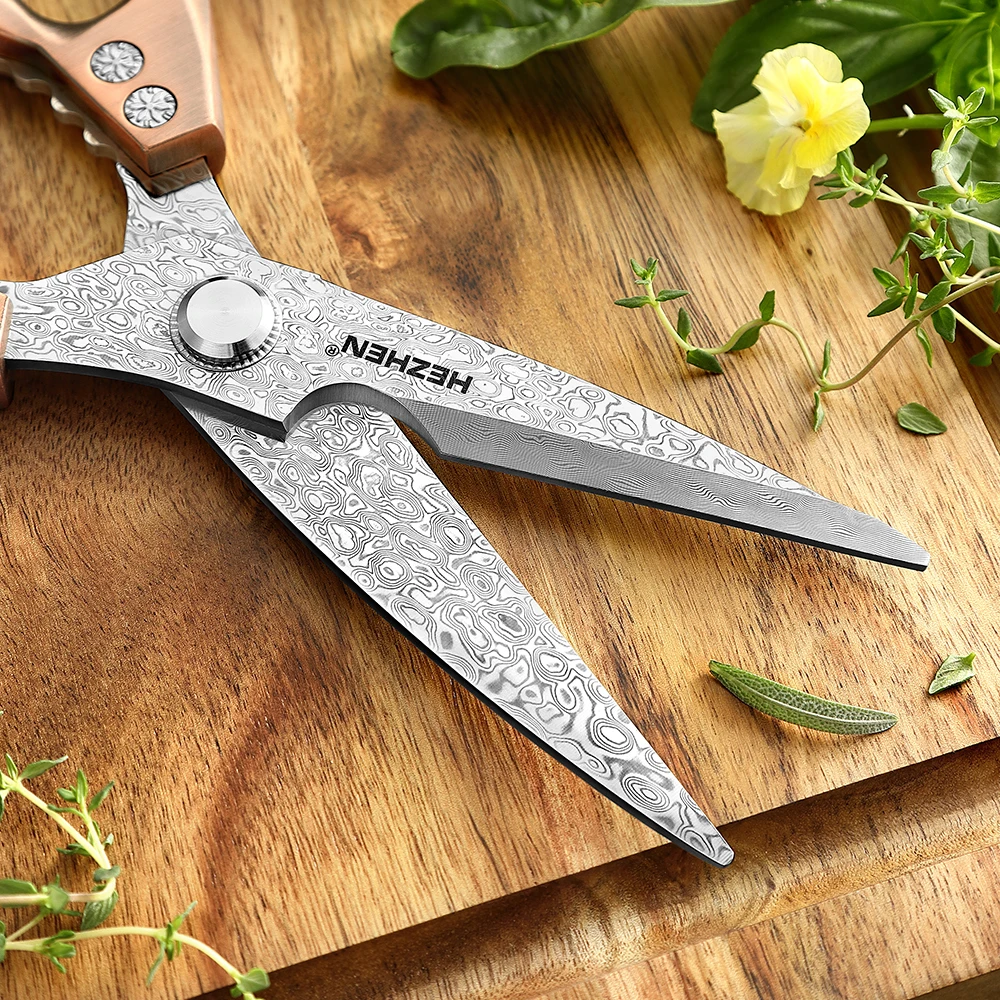 HEZHEN Kitchen Scissor 110 Layers Damascus Steel Walnut ShearsKitchen Gadget Shear Fish Duck Poultry scissor Cutter Cook Tool