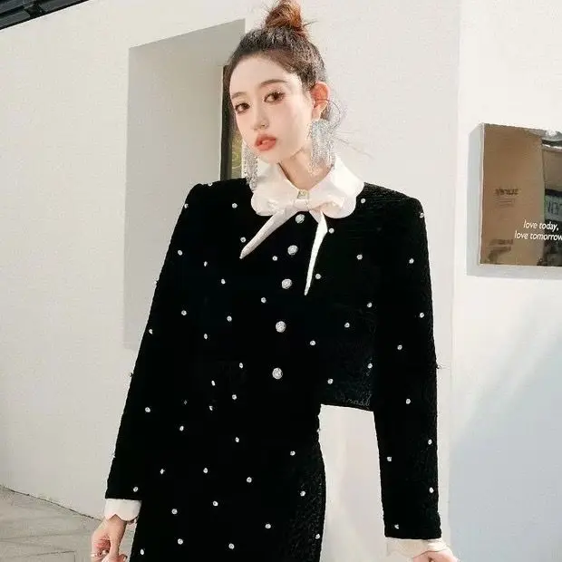 Women Spring Autumn Spring Rhinestones Bowtie crystal Coats High Waist Beaded Jacket Diamond Cardigan + Drilling Skirt 2pcs Suit