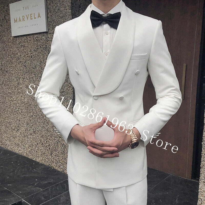 White Slim Fit Groomsmen Wedding Tuxedo 2 Pieces Double Breasted Best Men Wedding Suits Groom Wear Blazer Pants Costume Homme