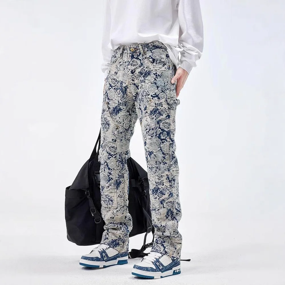 Korean Fashion Popular High Street Versatile Blue Splicing Jeans Men's Trend Spring and Autumn New Loose Straight Trousers 2026