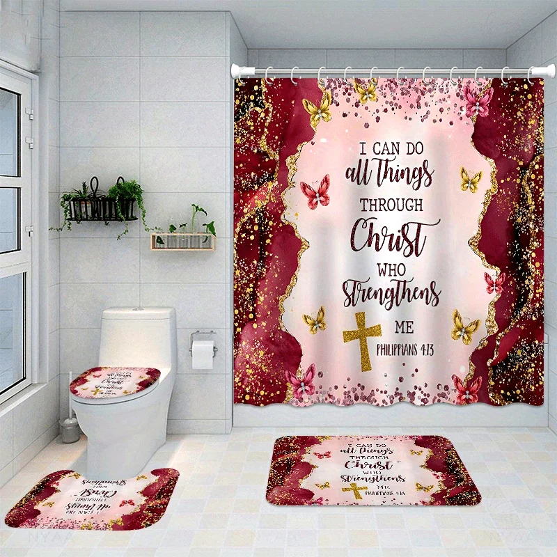 4pcs Inspirational Christian Shower Curtain Set with 12 Hooks, Waterproof Polyester Fabric, Washable Bathroom Decor, Non-sli