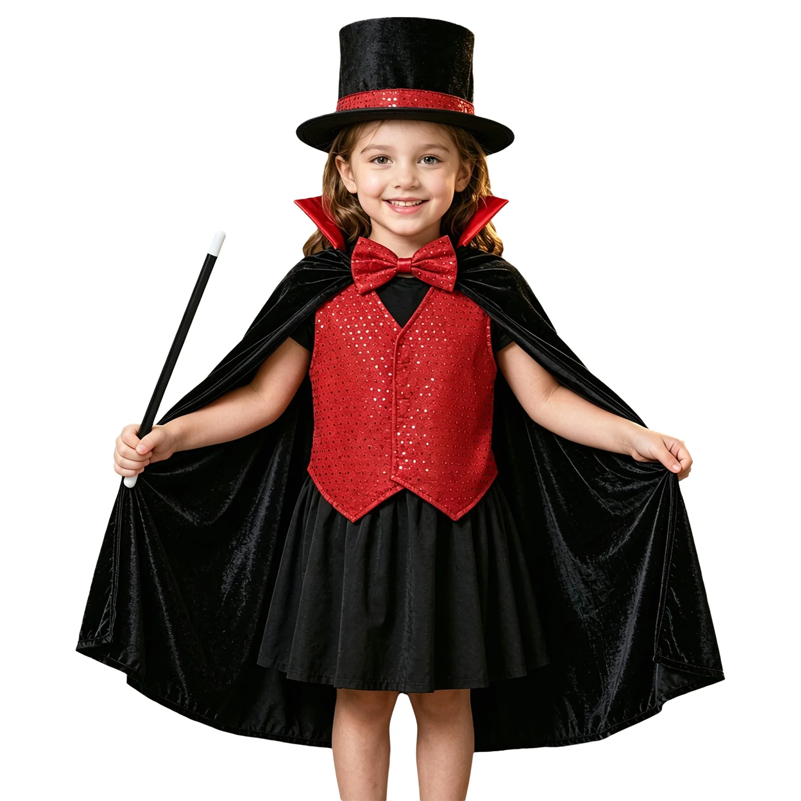 Kids Halloween Magician Vampire Costume Bowtie Cape Sequin Vest Velvet Top Hat Gloves Wand Outfit for Carnival Stage Performance