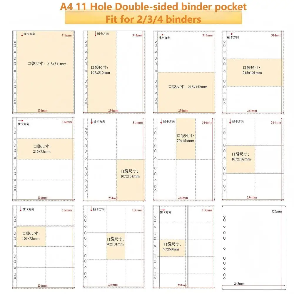 

New 20 Pieces Double-Sided 11 holes A4 Trading Card Pages Sleeves,11 style Clear Plastic Binder Pocket, Fit for 3/4 Ring Binder