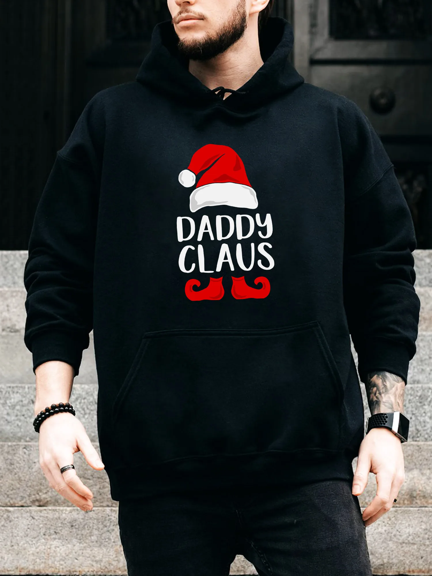 

Мужская толстовка с капюшоном на шнурке Daddy Claus — повседневный удобный черный пуловер, осенне-зимняя толстовка с капюшоном