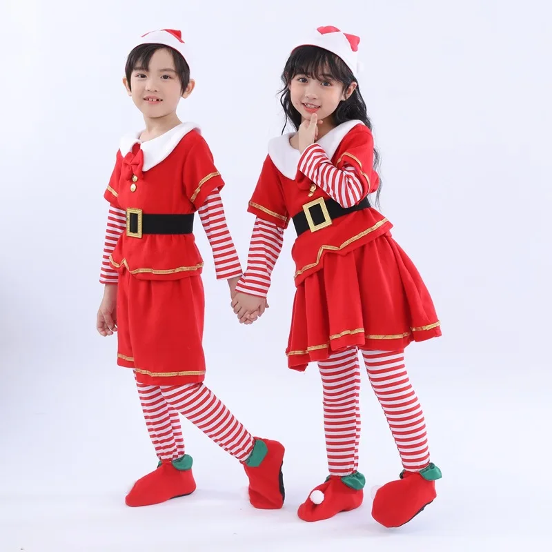 Boy Girl Christmas Santa Claus Costume Suit Xmas Party New Year Fancy Dress Clothes Set Children's Red Elf Cosplay Garment