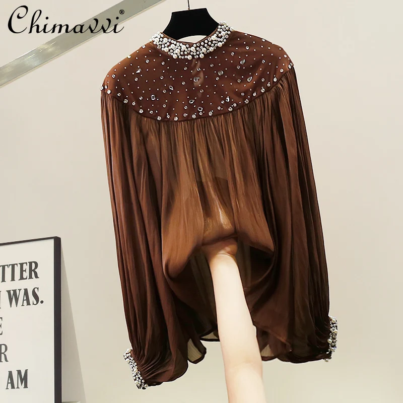 

Модная свободная рубашка с длинным рукавом-фонариком и бисером, свободная рубашка с воротником-стойкой для женщин, осенняя новая свободная элегантная модная блузка