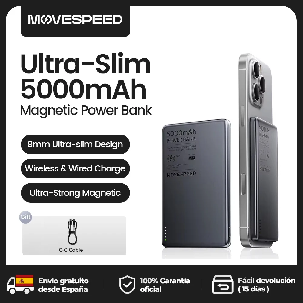 MOVESPEED S05 Schlanke magnetische Powerbank 5000 mAh Schnellladung Mini kabelloses tragbares Ladegerät Akku für iPhone 16 15 14 PowerbanK