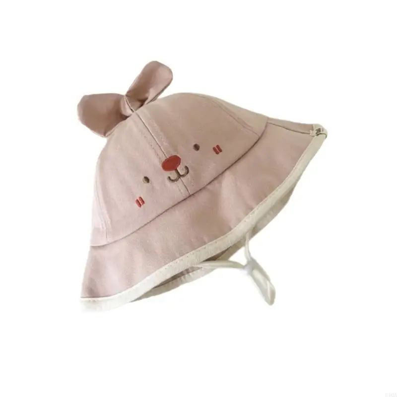 

D5QA Cartoon Baby Fisherman Hat Stylish Sunshade Caps Cotton Basin Hat Sun Protective Bonnet with Chin Belt for Infants