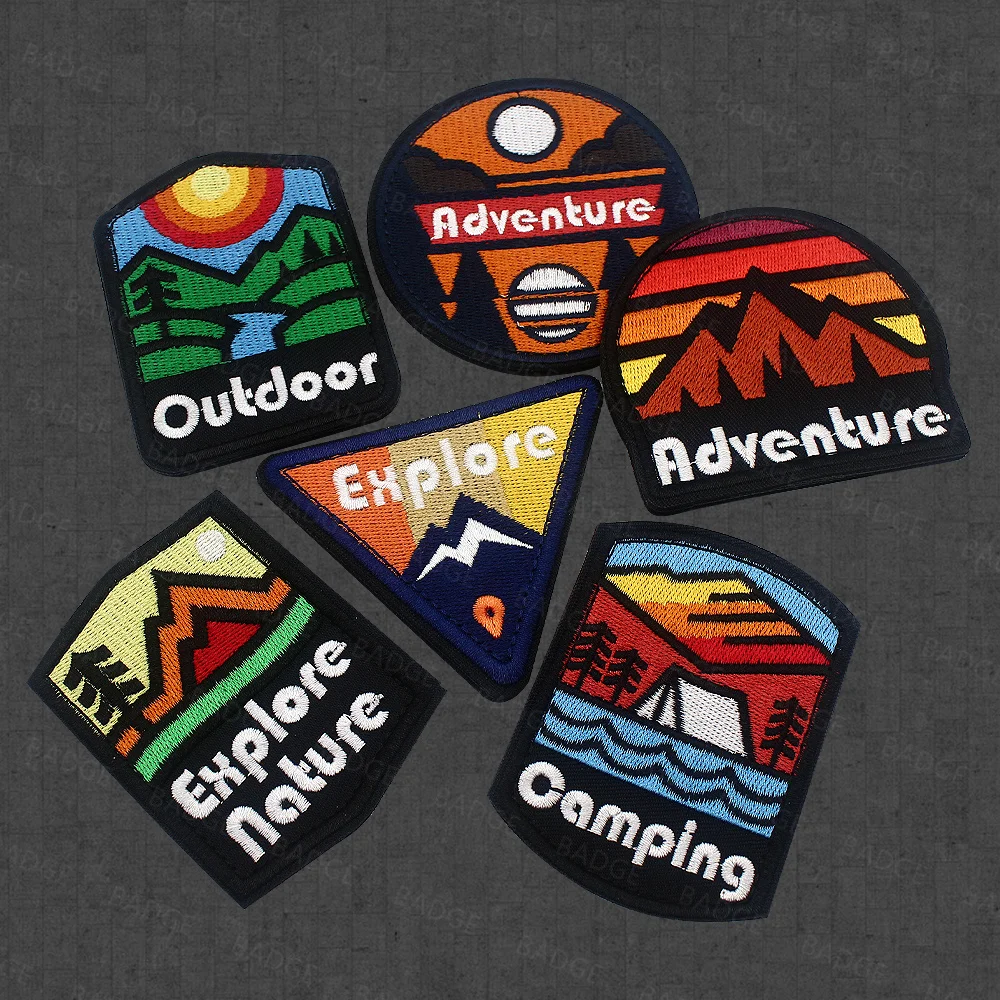 Explore Nature Patch Outdoor Adventure Camping Travel Trip Embroidery Badge Mountain Trees Sunset Applique For Backpack Clothing