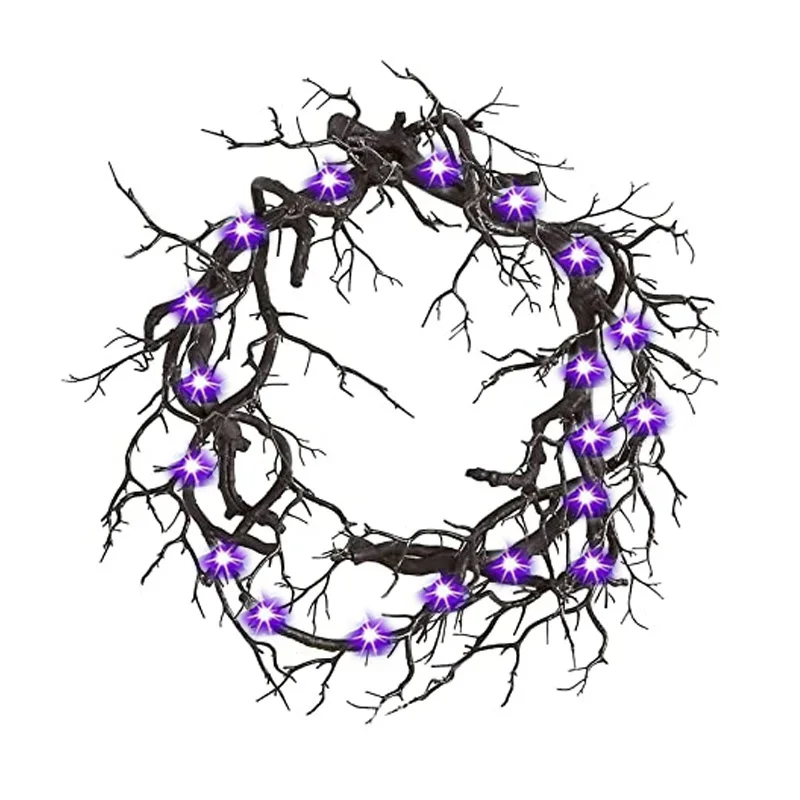 

Halloween Decoration Black Wreath with Red Purple Lights Halloween Fall Wreaths for Front Door with LED Halloween Wreath Gifts