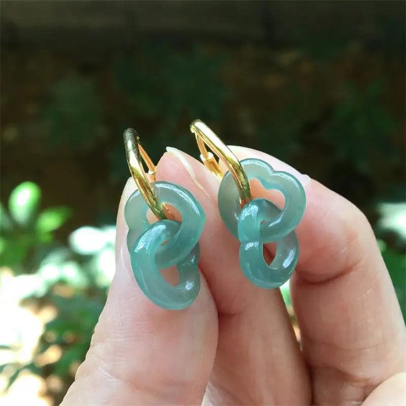 Designer's new natural Hetian jade heart-shaped ice blue Interlocking earrings for women fresh retro charm silver jewelry