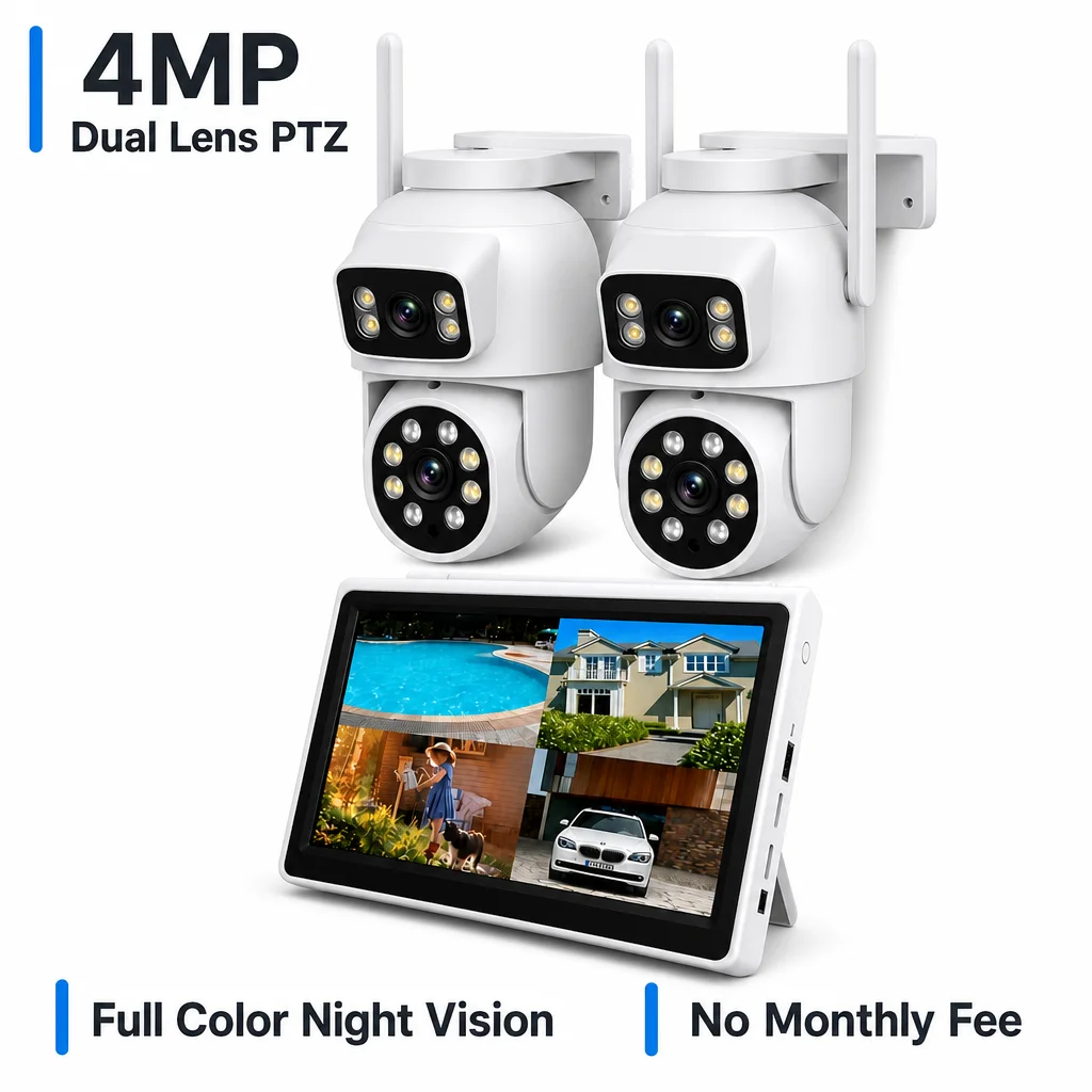 4MP Dual Lens PTZ Security Camera System Full Color Night Vision 10.1 Inch  24/7 Color Recording No Monthly Fee