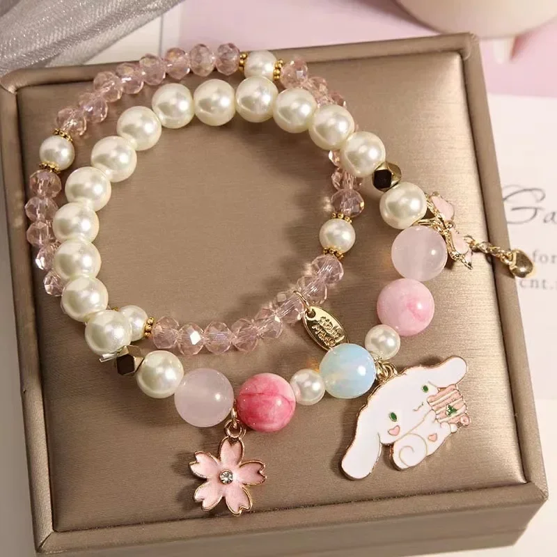 Sanrio Cristal Bead String, Desenhos animados Cinnamoroll, Pulseira De Pérola De Cristal, Kawaii Estudante Melhor Amigo