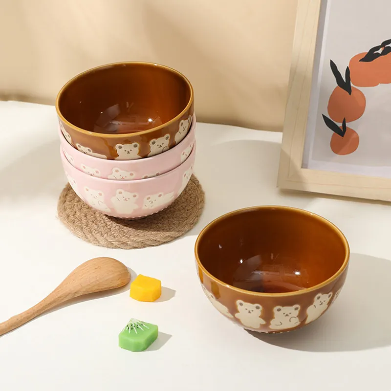 Urso dos desenhos animados Em Relevo Tigela De Cerâmica, Resistente A Alta Temperatura, Louça Doméstica, Tigela Pequena, 11,3x6,5 cm, 4,4x2,4 polegadas, 1Pc