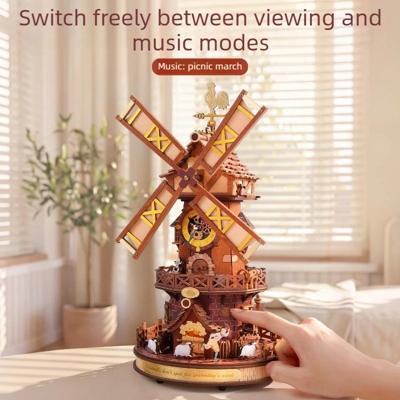 3D Wooden Assembly Model, House in The Wind Mantel Clock Birthday Gift,Three-dimensional Puzzle DIY, Windmill House