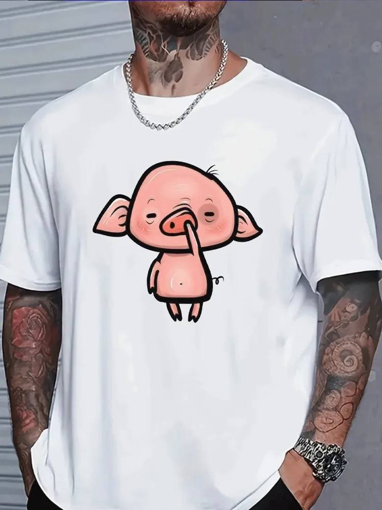 Bright Red Mens Cotton Crew Neck Tshirt Humorous Blush Pink Pig Cartoon Art Loose Summer Teen Daily Street Short Sleeve Outfit