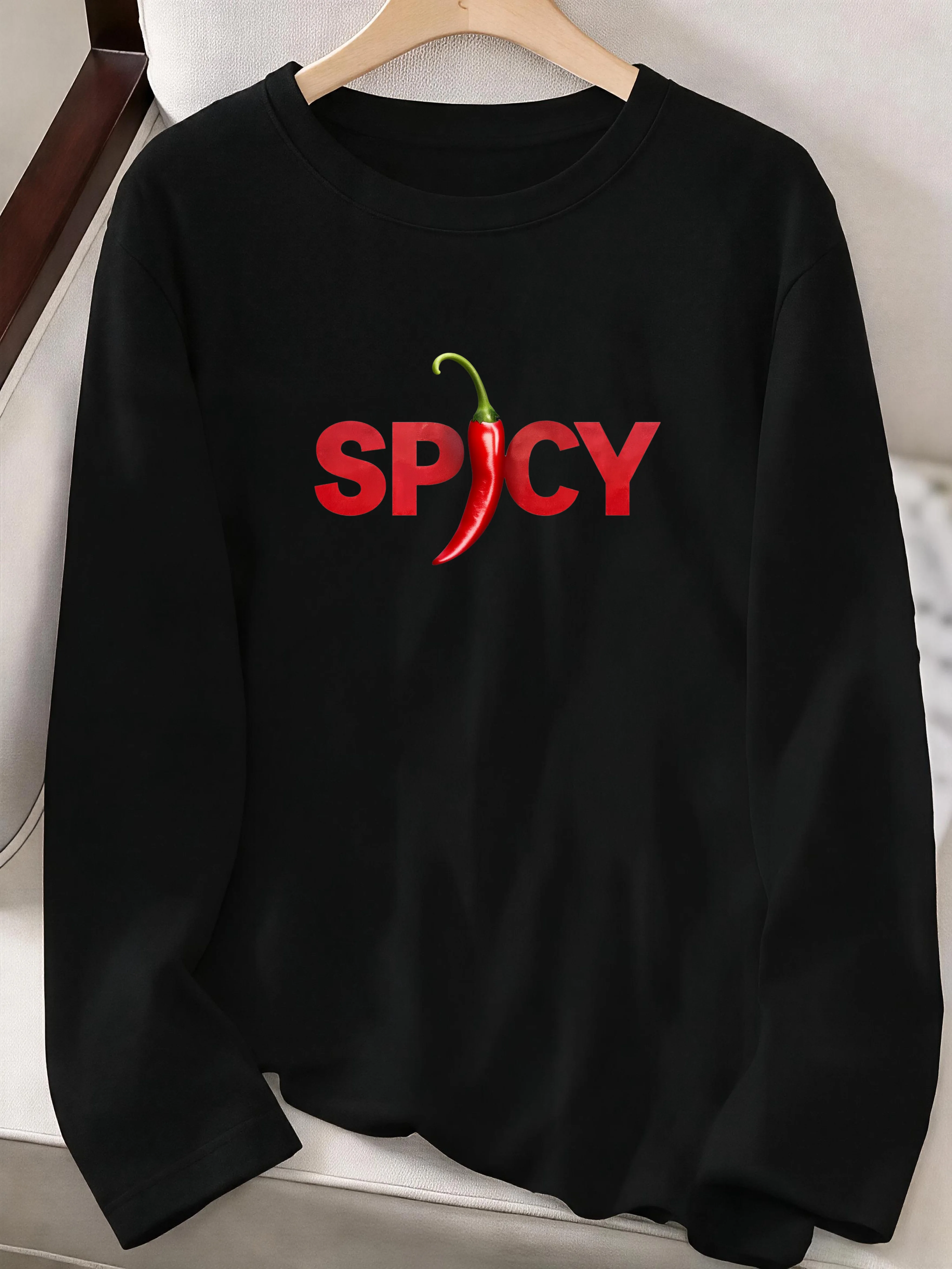 New Stylish Y2K Women's Crew Neck Long Sleeve T-Shirt Red Chili SPICY Print Sexy T-shirt 90s Graphic T Shirt Clothes Outfit 90s