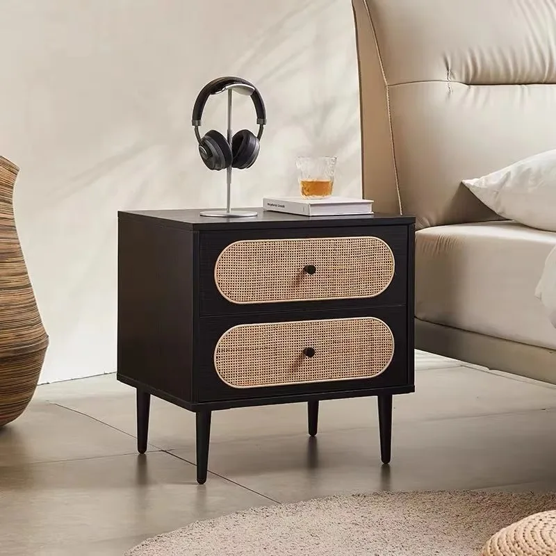 Vintage Black Art Bedside Table Bedroom Nordic Cabinet Storage Bedside Table Rattan Drawers Modern Mesa De Cabeceira Furniture