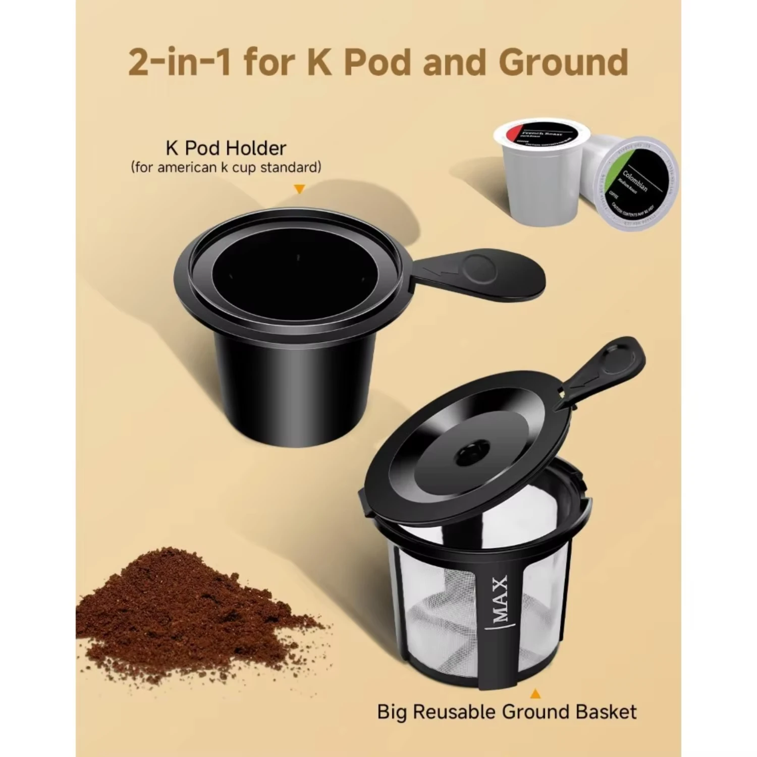 Teglu Single Serve Coffee Maker  K Cup Pod & Ground Coffee 2 in 1, K Cup Coffee Machine 14 Oz Brew Size, Black