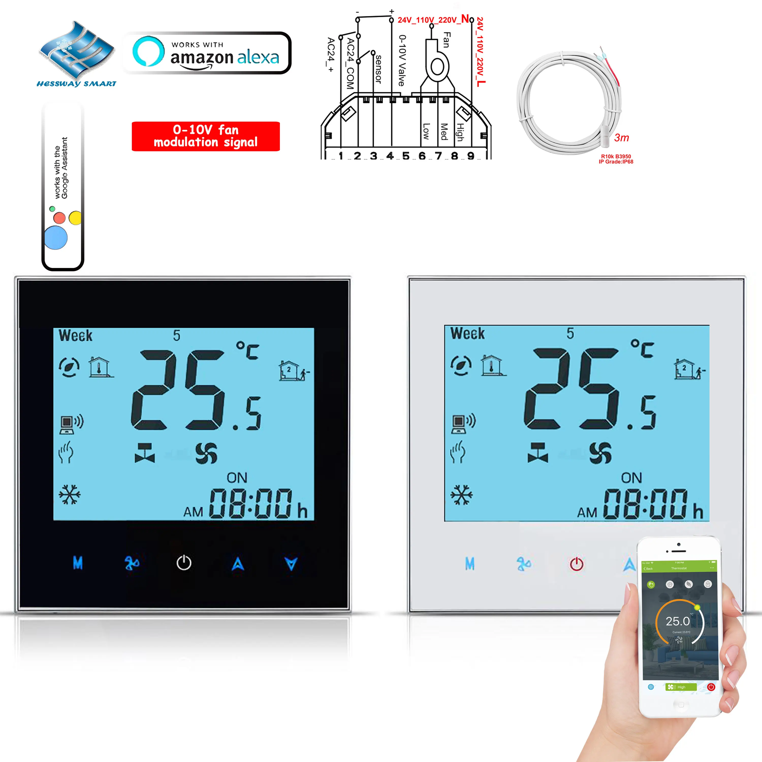 Inteligente Termostato para Dual Sensor 2Pipe, Válvula de Modulação, Contato Seco, Fan Coil, Entrada AC, 220V, 110V, 24V, 12V, UE, Wi-Fi, RS485, 0-10V