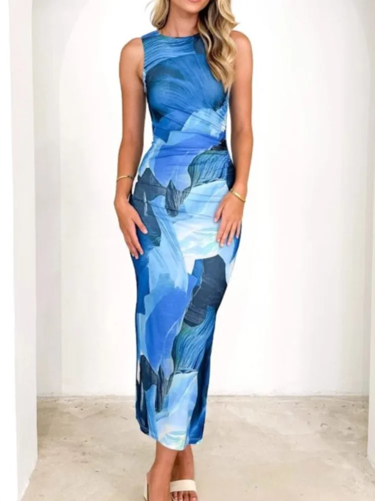 

Women's Temperament Sexy Printed Slim Waist Slim High-end Dress Summer Round Neck High Waist Elegant Sleeveless Commuting Dress