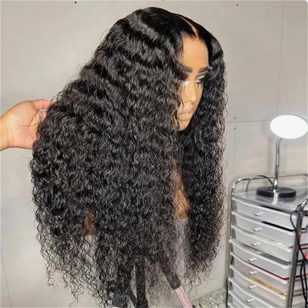 Macio sem cola 180 densidade longo preto 26 Polegada kinky encaracolado peruca dianteira do laço profundo para mulheres com cabelo do bebê pré-arrancado diariamente