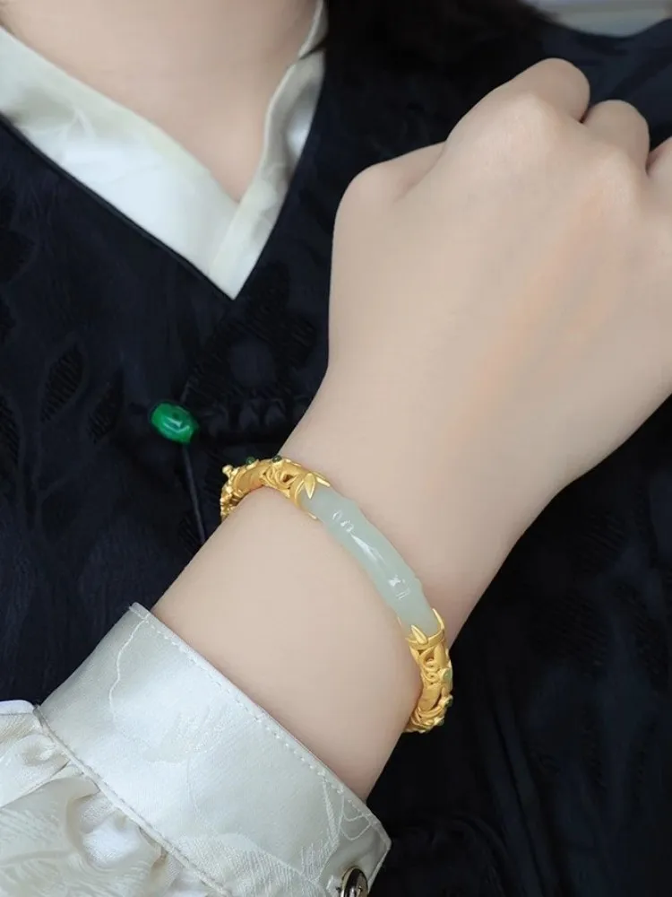 Design Chinese Style Hollow Out S925 Sterling Silver Bamboo Joint Jade Bracelet Women Fine Jewelry Elegant Bracelets